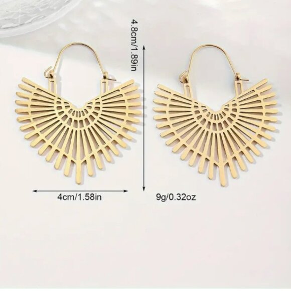Gold Plated Boho Intricate Fan Hoop Earrings - NEW - Picture 2 of 2
